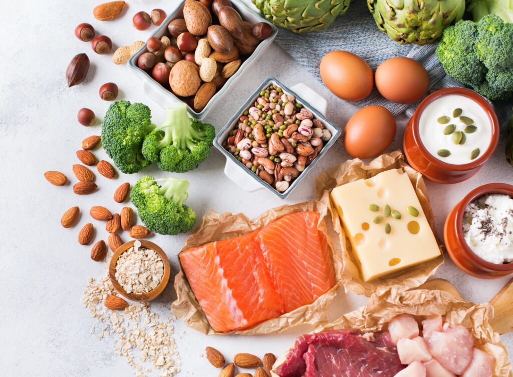 Protein sources: eggs, beans, salmon, broccoli, artichoke, dairy, milk, cheese, tofu